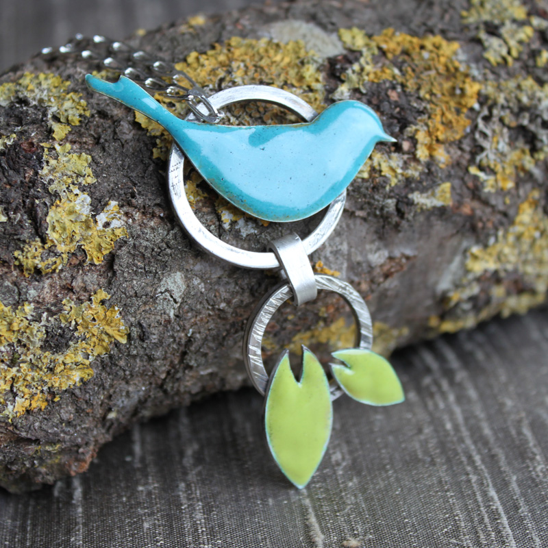 Necklace - Silver Bird In Lime Green And Blue Enamel