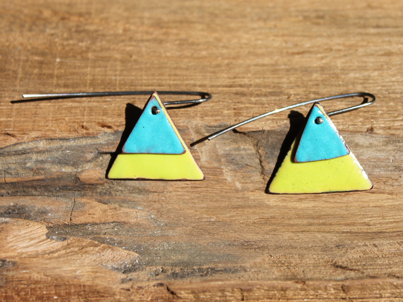 Sapphire Blue And Lime Green Enameled Copper Triangle Earrings