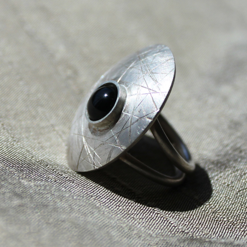 Sterling Silver Ring With Onyx Cabouchon - Adjustable